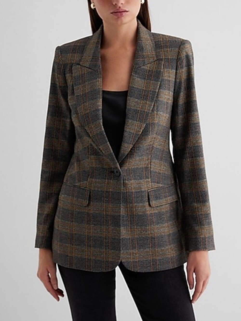 NWT Express Metallic Neutral Plaid One Button Blazer Sz Small